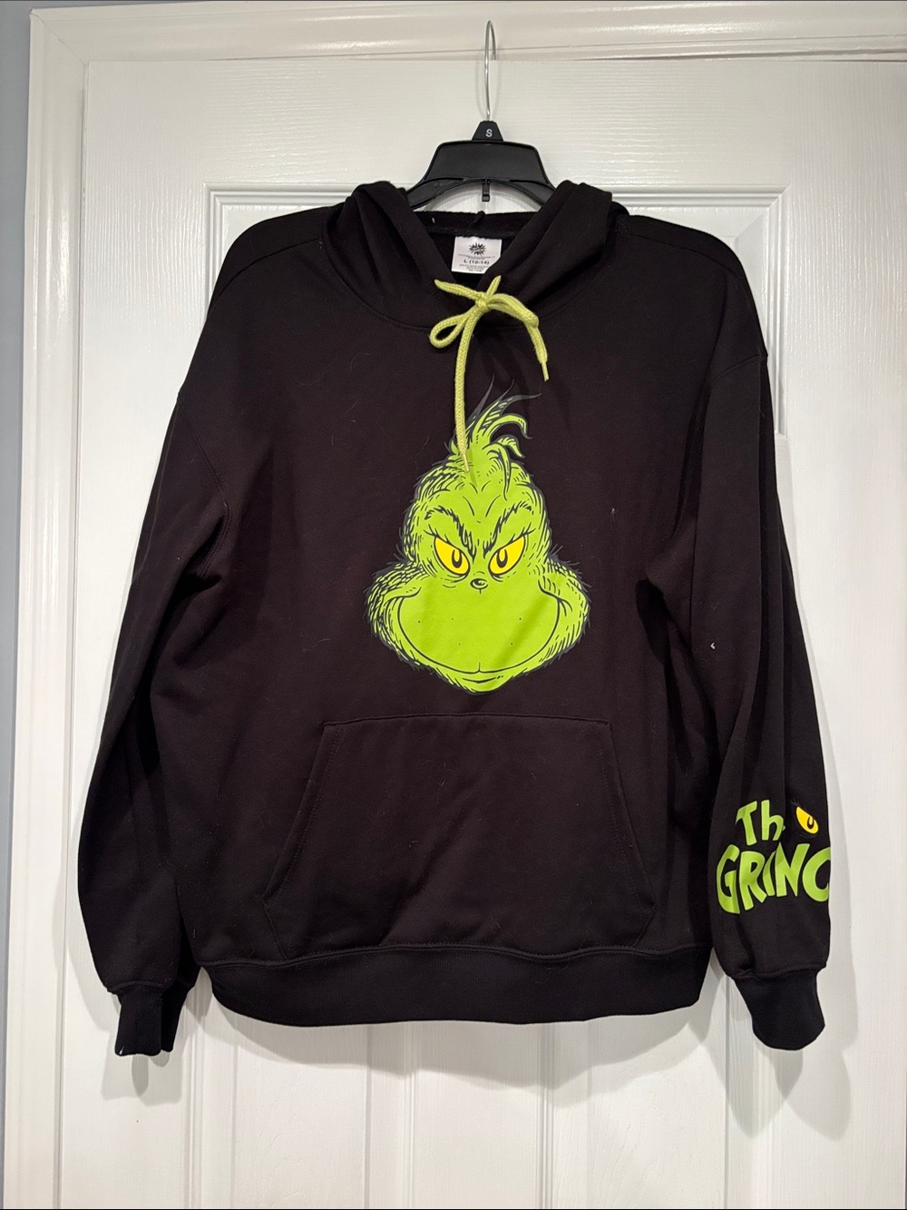 Black Hoodie with Lime Green Grinch Graphic and Drawstrings